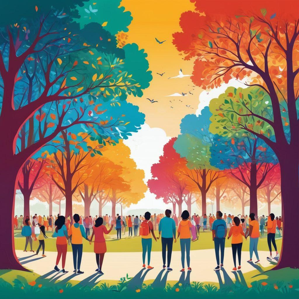 An illustration of diverse people gathered in a vibrant park, engaging in various activities that symbolize connection and support, such as sharing stories, collaborating, and helping each other. The background features trees and colorful banners promoting unity. Each individual is depicted with unique traits to signify inclusiveness. The scene is bright and filled with warm tones, evoking a sense of belonging. vibrant colors. vector art. 
