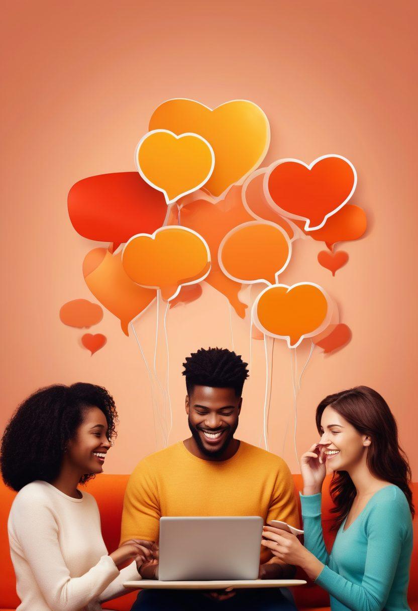 A diverse group of people gathered around digital devices, smiling and engaging in conversation. Visual elements of heart icons, chat bubbles, and connection lines flowing between them, symbolizing connection and community. Warm colors to evoke feelings of love and togetherness, set against a soft background to convey a safe, inviting atmosphere. super-realistic. vibrant colors. warm tones.