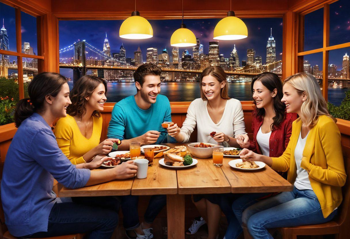 A vibrant digital collage illustrating a bridge connecting a virtual world of social media icons and online chats to a warm, intimate scene of friends sharing a meal and laughing together in a cozy setting. Bright colors and dynamic elements representing passion and connection should dominate the scene, with soft lighting enhancing the feeling of intimacy. super-realistic. vibrant colors. warm tones.